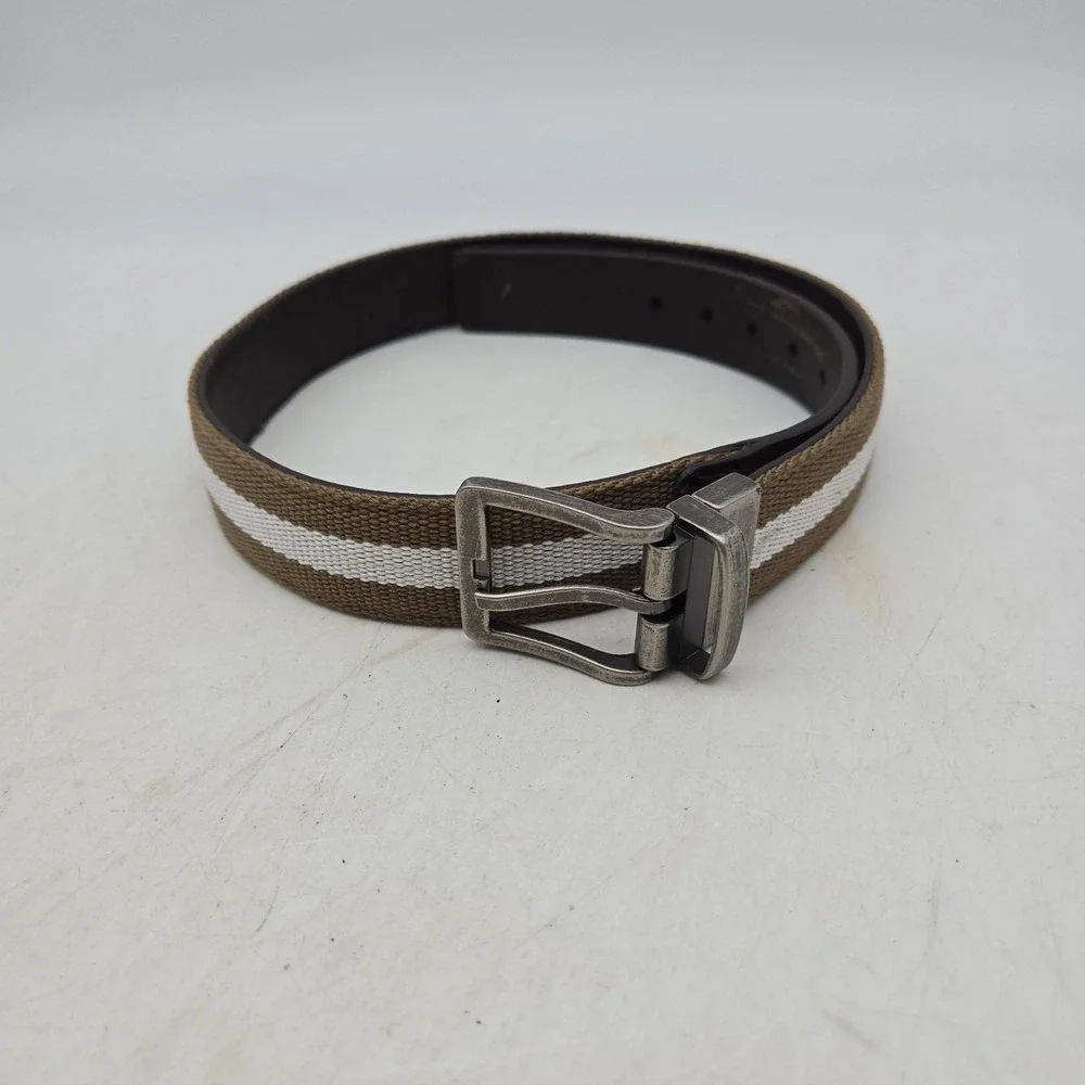Structure Belt Brown Leather Beige Stripe Woven Fabric Mens 28 Nickel Buckle
